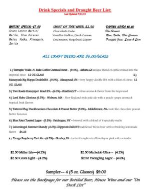 Drink Specials and Draught Beer List: Last Updated 7/21/19