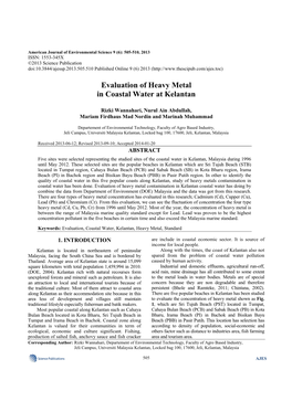Evaluation of Heavy Metal in Coastal Water at Kelantan