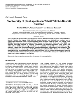 Biodiversity of Plant Species in Tehsil Takht-E-Nasrati, Pakistan