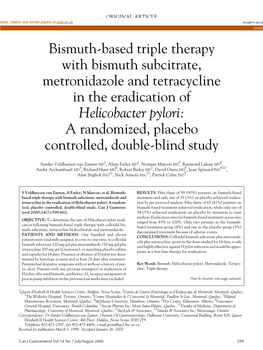 Bismuth-Based Triple Therapy with Bismuth Subcitrate, Metronidazole and Tetracycline in the Eradication of Helicobacter Pylori