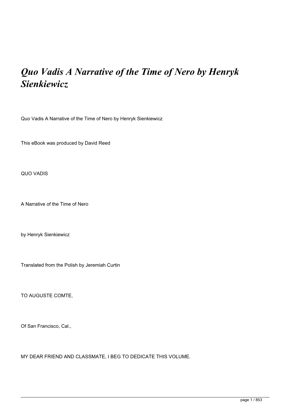 Quo Vadis a Narrative of the Time of Nero by Henryk Sienkiewicz</H1>