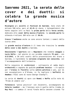 Sanremo 2021, La Serata Delle Cover E Dei Duetti: Si Celebra La Grande Musica D’Autore