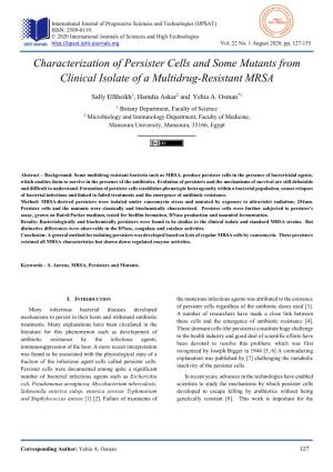 Characterization of Persister Cells and Some Mutants from Clinical Isolate of a Multidrug-Resistant MRSA