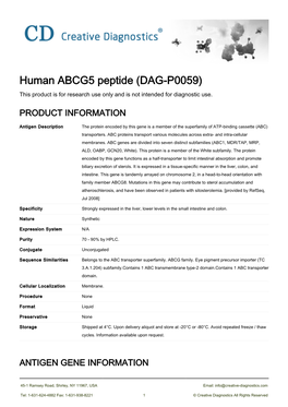 Human ABCG5 Peptide (DAG-P0059) This Product Is for Research Use Only and Is Not Intended for Diagnostic Use