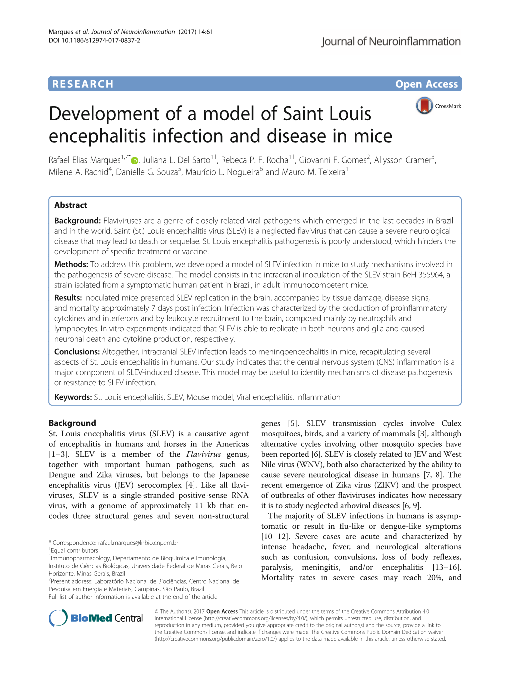 Development of a Model of Saint Louis Encephalitis Infection and Disease in Mice Rafael Elias Marques1,7* , Juliana L