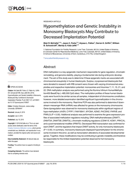 Hypomethylation and Genetic Instability in Monosomy Blastocysts May Contribute to Decreased Implantation Potential
