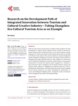 Research on the Development Path of Integrated Innovation Between Tourism and Cultural Creative Industry—Taking Changzhou Eco-Cultural Tourism Area As an Example