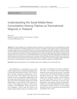 Understanding the Social Media News Consumption Among Filipinos As Transnational- Migrants in Thailand