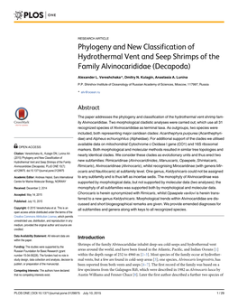 Phylogeny and New Classification of Hydrothermal Vent and Seep Shrimps of the Family Alvinocarididae (Decapoda)