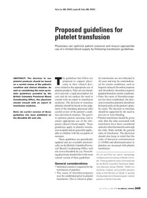 Proposed Guidelines for Platelet Transfusion