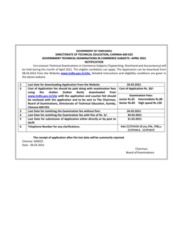 APRIL 2021 NOTIFICATION Government Technical Examinations in Commerce Subjects (Typewriting, Shorthand and Accountancy) Will Be Held During the Month of April 2021