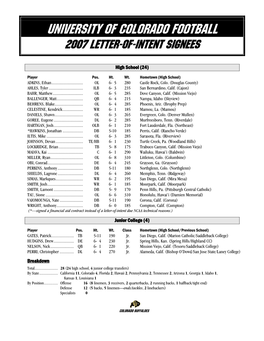 University of Colorado Football 2007 Letter-Of-Intent Signees