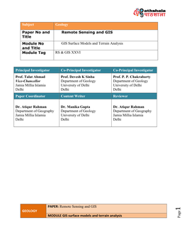 Remote Sensing and GIS MODULE GIS Surface Models and Terrain