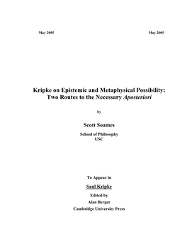 Kripke on Epistemic and Metaphysical Possibility: Two Routes to the Necessary Aposteriori