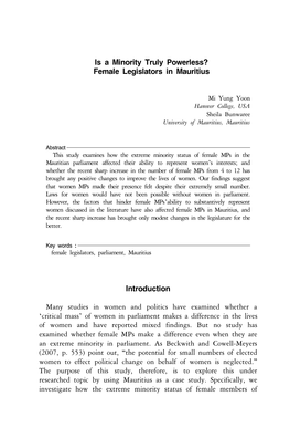 Is a Minority Truly Powerless? Female Legislators in Mauritius Introduction