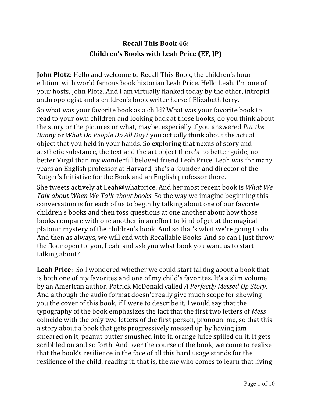 Children's Books with Leah Price (EF, JP) John Plotz