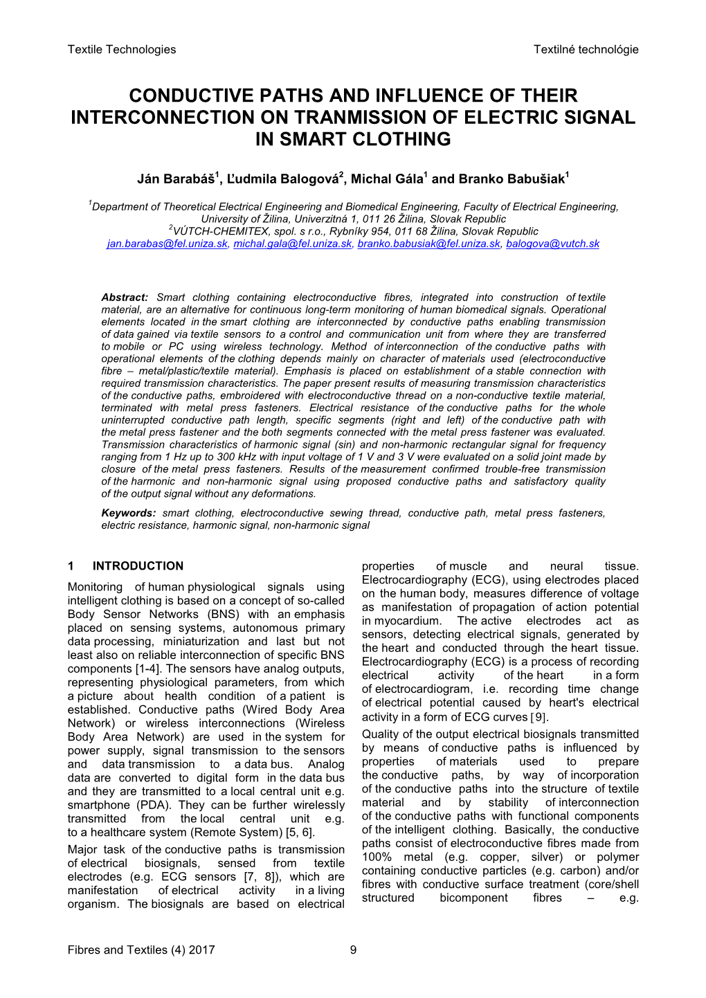 Conductive Paths and Influence of Their Interconnection on Tranmission of Electric Signal in Smart Clothing