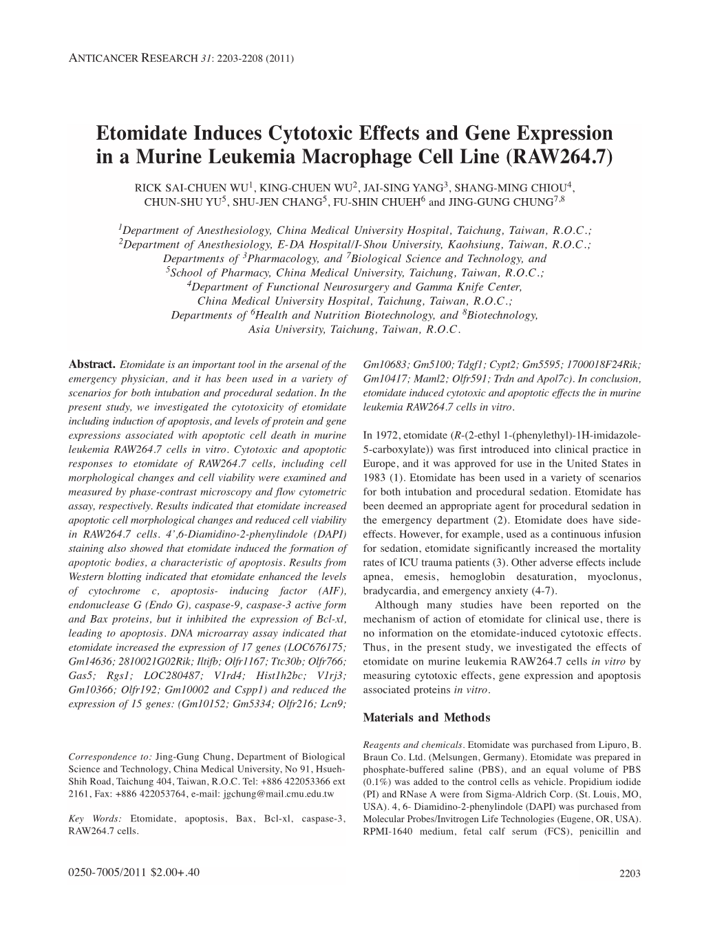 Etomidate Induces Cytotoxic Effects and Gene Expression in a Murine Leukemia Macrophage Cell Line (RAW264.7)