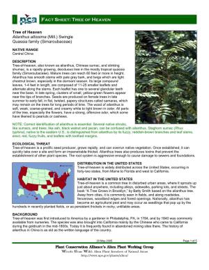 Plant Conservation Alliance®S Alien Plant Working Group Tree of Heaven Ailanthus Altissima (Mill.) Swingle Quassia Family (Sima