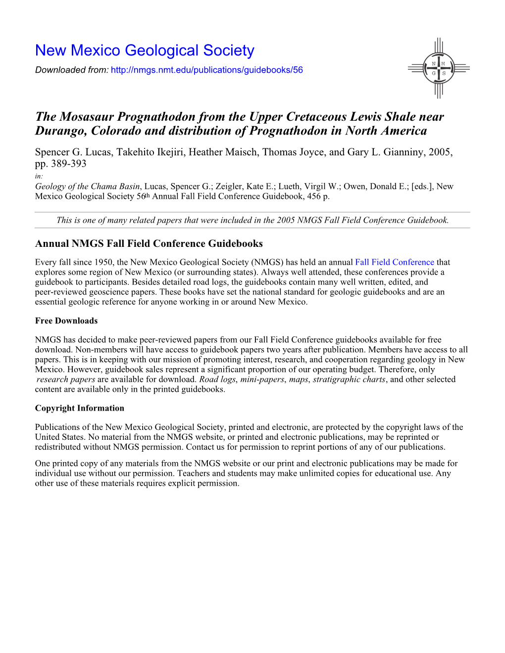 The Mosasaur Prognathodon from the Upper Cretaceous Lewis Shale Near Durango, Colorado and Distribution of Prognathodon in North America Spencer G