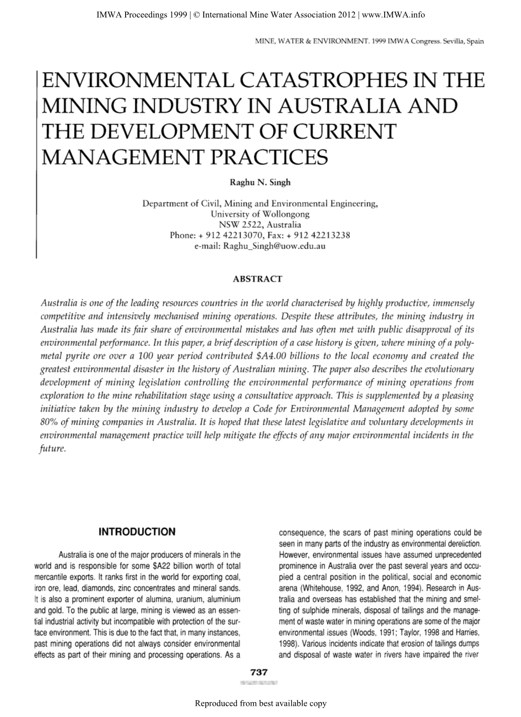 Environmental Catastrophes in the Mining Industry in Australia and the Development of Current Management Practices