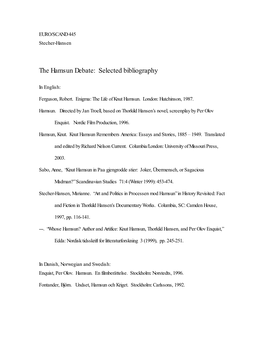 The Hamsun Debate: Selected Bibliography