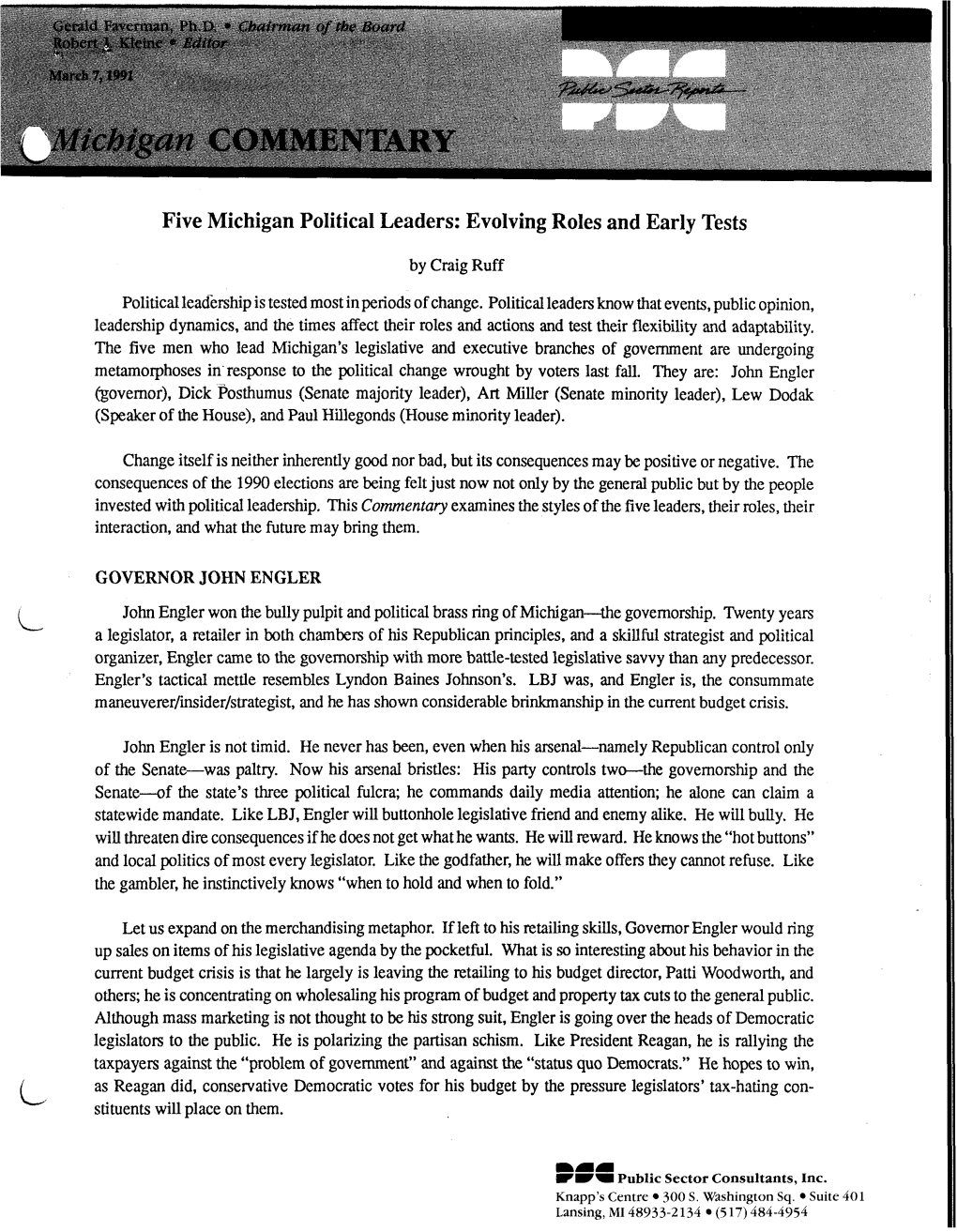 Five Michigan Political Leaders: Evolving Roles and Early Tests