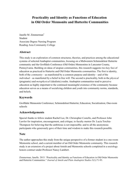 Practicality and Identity As Functions of Education in Old Order Mennonite and Hutterite Communities