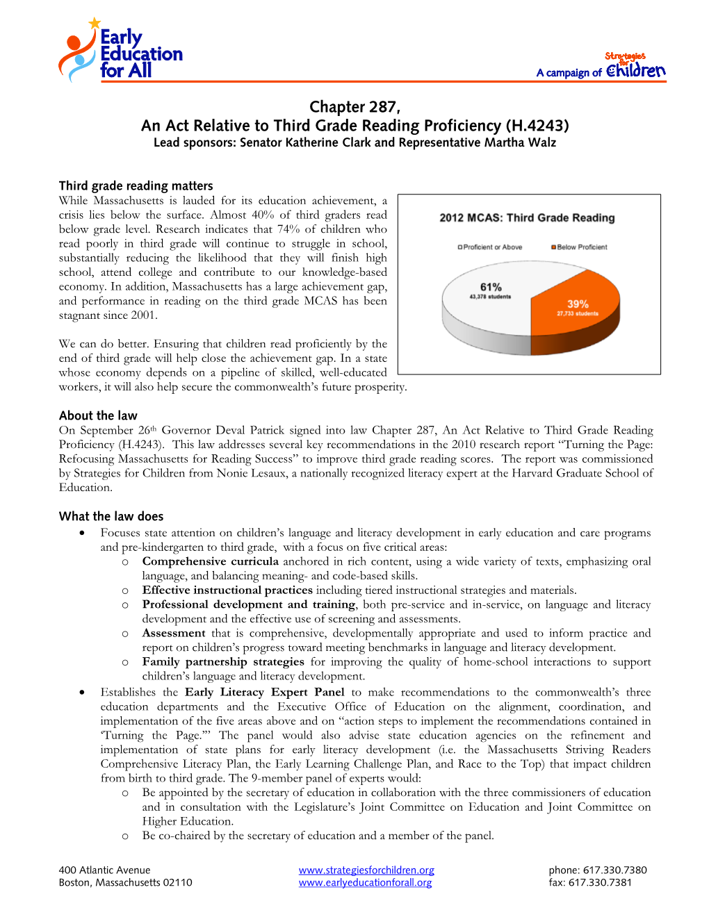 An Act Relative to Reading Proficiency and Closing The