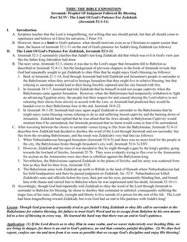 THRU the BIBLE EXPOSITION Jeremiah: Prophet of Judgment Followed by Blessing Part XCIV: the Limit of God's Patience for Zedekiah (Jeremiah 52:1-11)