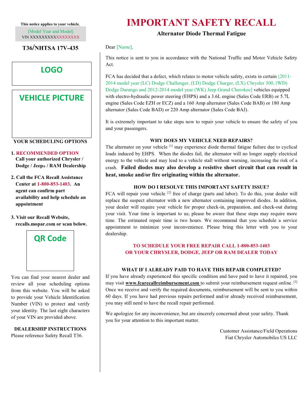 IMPORTANT SAFETY RECALL [Model Year and Model] Alternator Diode Thermal Fatigue VIN XXXXXXXXXXXXXXXXX