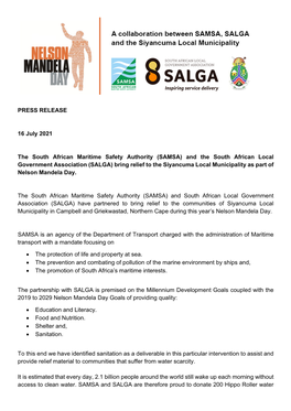 PRESS RELEASE 16 July 2021 the South African Maritime Safety