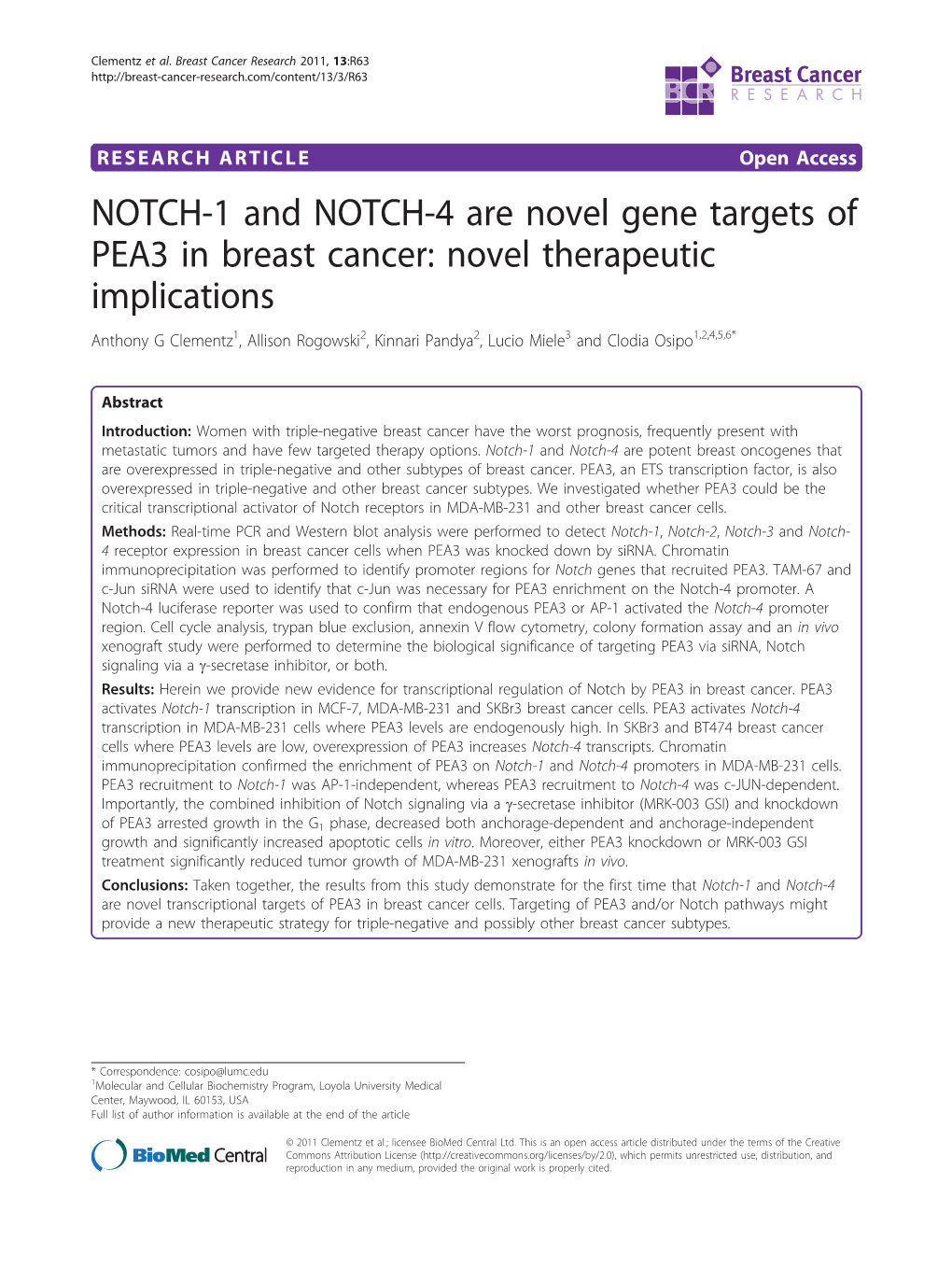 NOTCH-1 and NOTCH-4 Are Novel Gene Targets of PEA3 in Breast Cancer