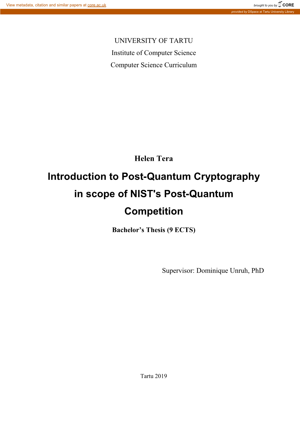 Introduction to Post-Quantum Cryptography in Scope of NIST's Post-Quantum Competition