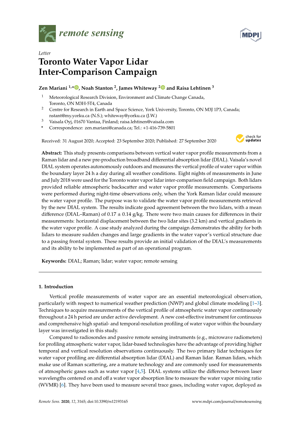 Toronto Water Vapor Lidar Inter-Comparison Campaign