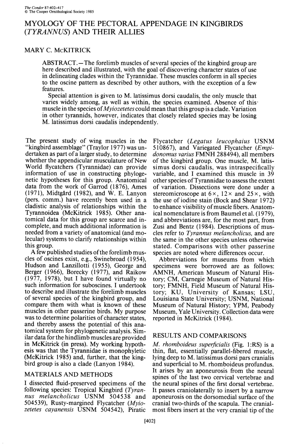 Myology of the Pectorla Appendage in Kingbirds (Tyannus) and Their Allies