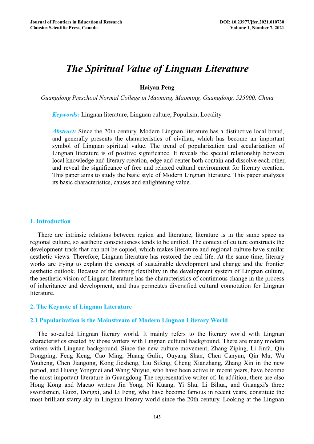 The Spiritual Value of Lingnan Literature