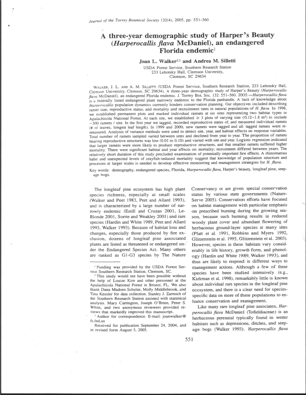 A Three-Year Demographic Study of Harper's Beauty (Harperocallis Java Mcdaniel), an Endangered Florida Endemic Joan L