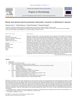 Blood and Plasma-Based Proteomic Biomarker Research in Alzheimer's