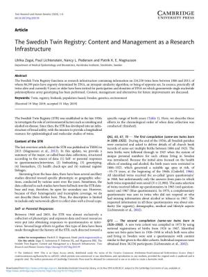 The Swedish Twin Registry: Content and Management As a Research Infrastructure