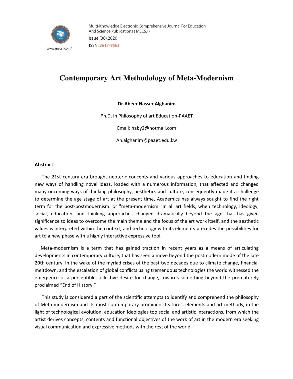 Contemporary Art Methodology of Meta-Modernism