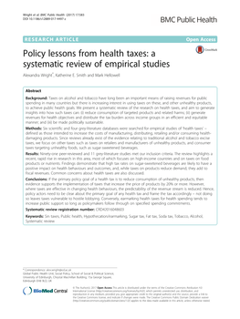 Policy Lessons from Health Taxes: a Systematic Review of Empirical Studies Alexandra Wright*, Katherine E