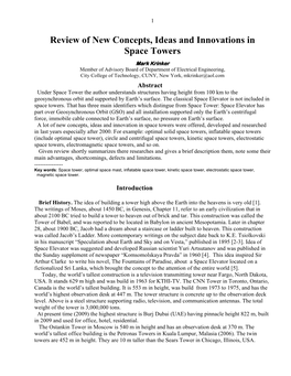 Review of New Concepts, Ideas and Innovations in Space Towers