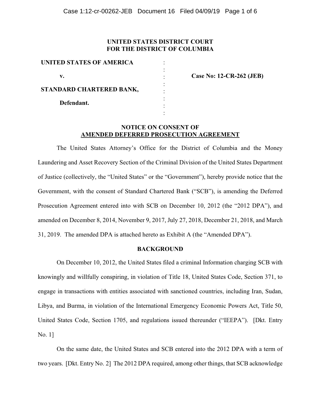 Case 1:12-Cr-00262-JEB Document 16 Filed 04/09/19 Page 1 of 6