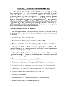 GUIDELINES for KNOW INDIA PROGRAMME (KIP) the Ministry Of