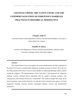 Colonial Uromi: the Native Court and the Commercialization of Indigenous Marriage Practices in Historical Perspective