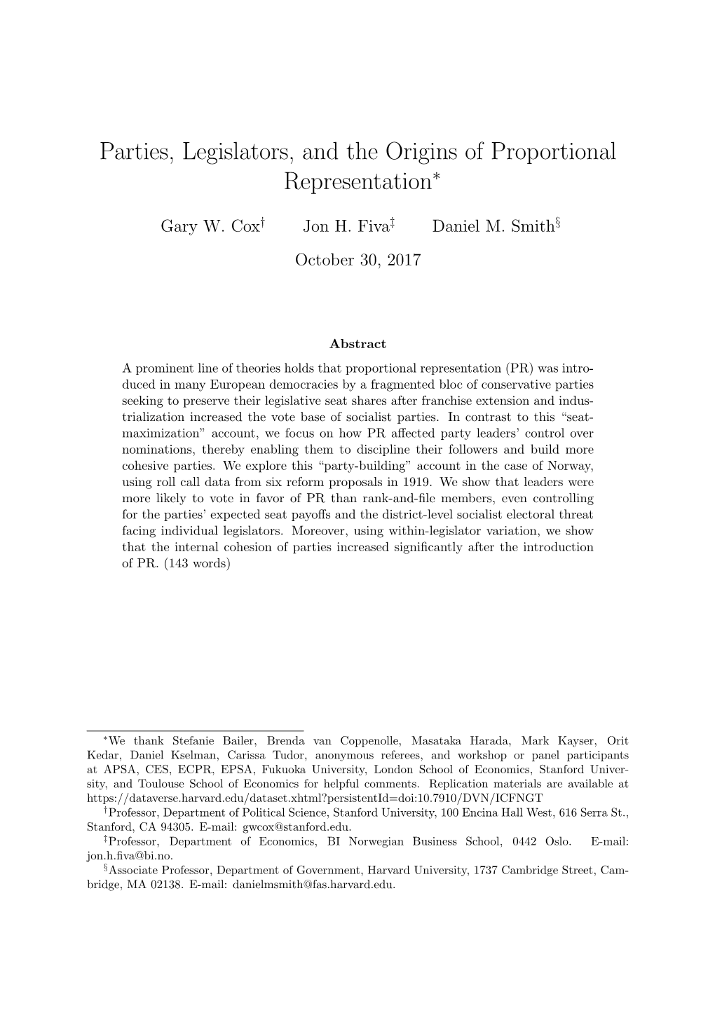 Parties, Legislators, and the Origins of Proportional Representation∗