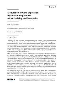 Modulation of Gene Expression by RNA Binding Proteins: Mrna Stability and Translation