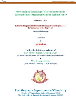 Post Graduate Department of Chemistry Faculty of Physical and Material Sciences-2011 the University of Kashmir Hazratbal, Srinagar-190006