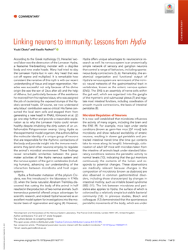 Linking Neurons to Immunity: Lessons from Hydra COMMENTARY Yuuki Obataa and Vassilis Pachnisa,1